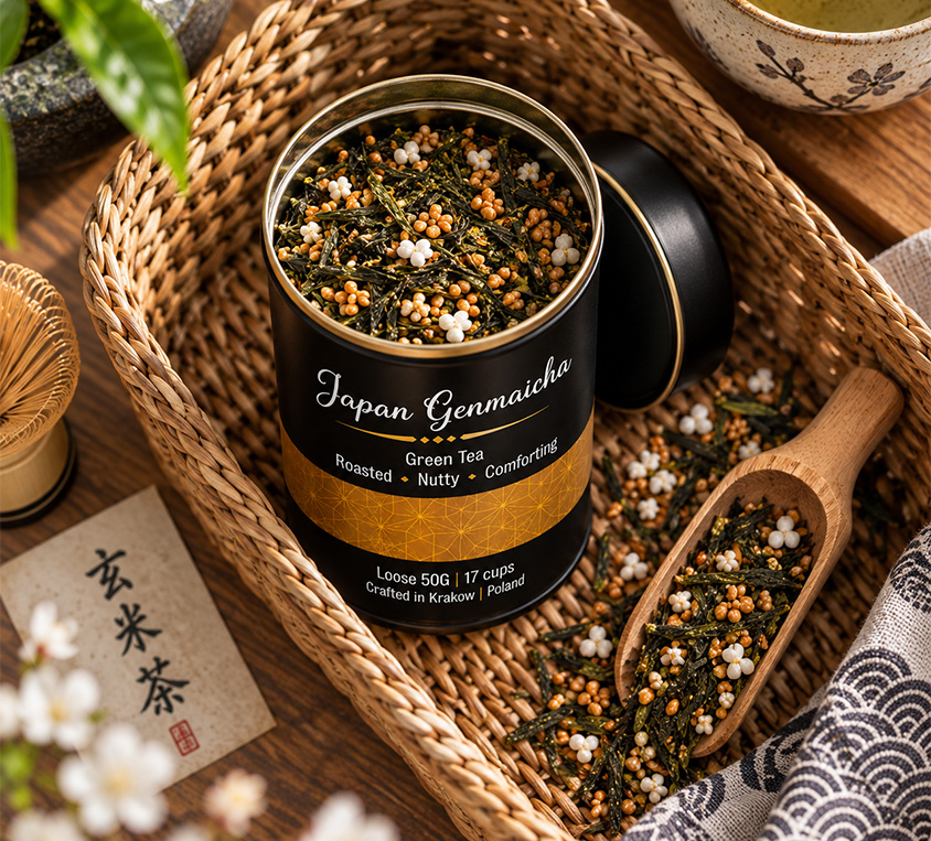 Japan Genmaicha Leo Tea – japońska zielona herbata z prażonym ryżem w metalowej puszce 50g